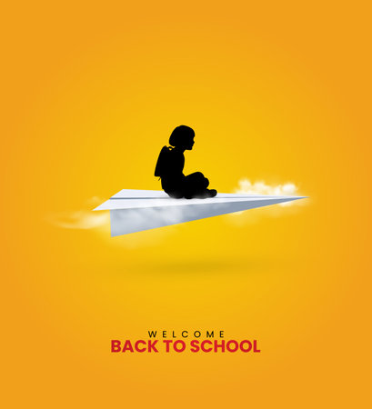 Back to school poster with boy sitting on paper plane. Vector illustrationのイラスト素材