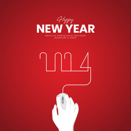 New year 2014 with hand and mouse on red background. Vector illustrationのイラスト素材