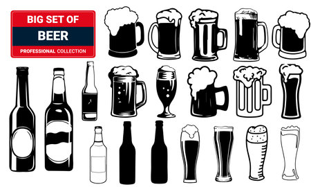 Beer vector icons set - bottle, glass, pint. 3D Illustrationのイラスト素材