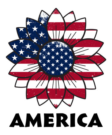 4th of July, Sunflower with USA flag, Vector patriotic symbol. printing on t-shirt, sublimation. For card, banner, flyer. Independence Dayのイラスト素材
