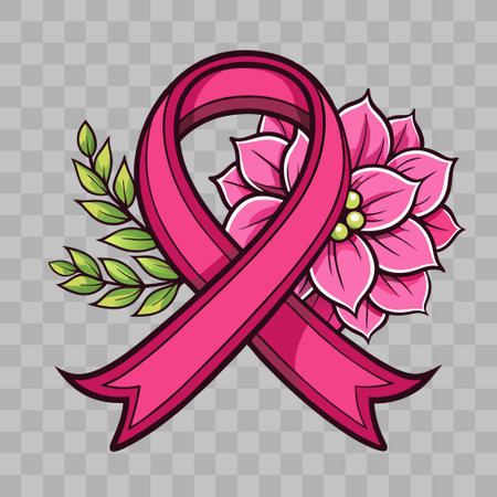Pink ribbon with flower and flower leaves, Breast cancer ribbon, Breast cancer awarenessのイラスト素材