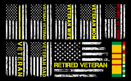 Vietnam Veteran With USA Flag Design, retired veteran, veteran mom, Vietnam Campaign Ribbon, Vietnam veteran ribbon, grunge USA flag setのイラスト素材