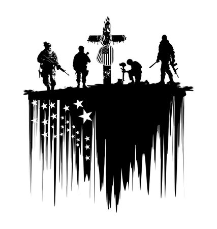 set of soldier silhouettes, grunge USA flag, Christian cross, USA dog tagsのイラスト素材