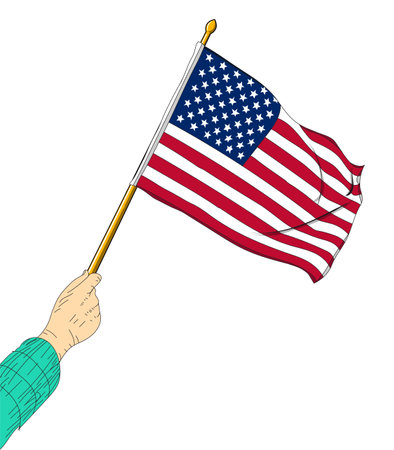 Hand holding American flag illustration on white background, hand, USA flag vectorのイラスト素材
