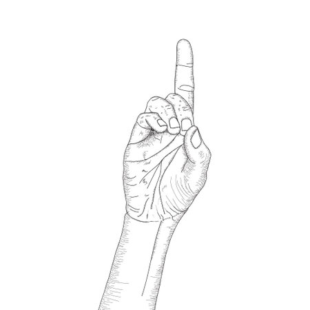 Raised index finger, One Finger Up, Hand gesture, Pointing up finger, Retro vintage sketch, Engraving style, black isolated on white backgroundのイラスト素材