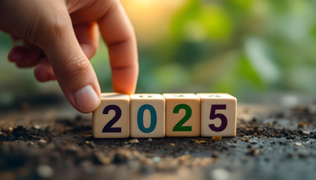 Hand turns dice to change the year 2024 to 2025. The concept of the new yearの素材