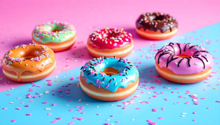 Colorful donuts on blue and pink background. Close up.の素材