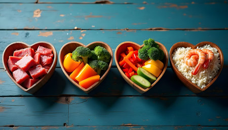 Healthy food in heart-shaped bowl on blue wooden table.の素材