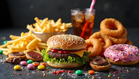 Hamburger with french fries, donuts, and cola on dark backgroundの素材