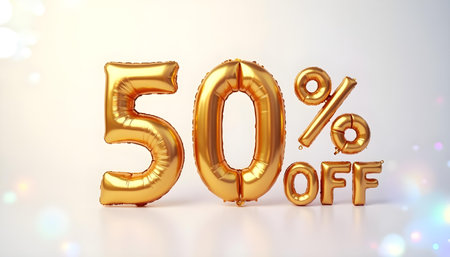 50 percent off gold balloon on white background with bokehの素材