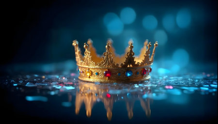 A beautiful king Gold crown on a blue bokeh background.の素材