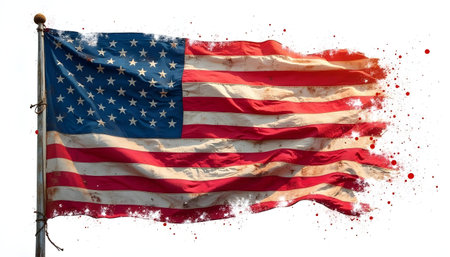 American flag with splashes of red and white paint on a white backgroundの素材