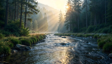 Mountain river flowing through a coniferous forest at sunrise.の素材