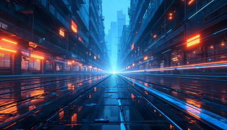3d render of a modern urban street at night with neon lightsの素材