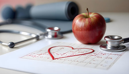 Stethoscope and red apple on a cardiogram with heart.の素材