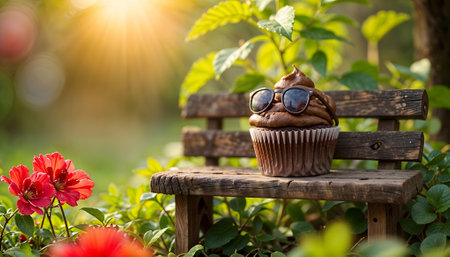 Chocolate cupcake with sunglasses on wooden bench in the garden.の素材