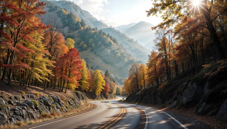 Autumn road in the mountains. Landscape with autumn trees.の素材