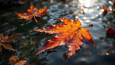 A vibrant red maple leaf floats on a calm pool of water, surrounded by other fallen leaves.の素材