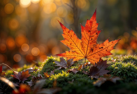 Autumn maple leaf on moss with bokeh background in forestの素材