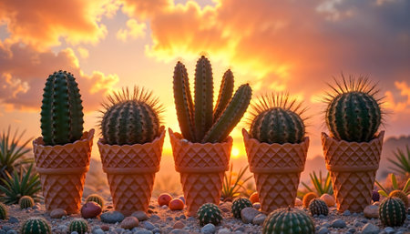 Cactuses in ice cream cones against the background of a beautiful sunset.の素材