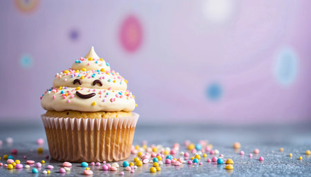 Cupcake with colorful sprinkles on a bright background.の素材
