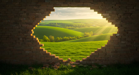 View through the hole in the brick wall of a beautiful green fieldの素材