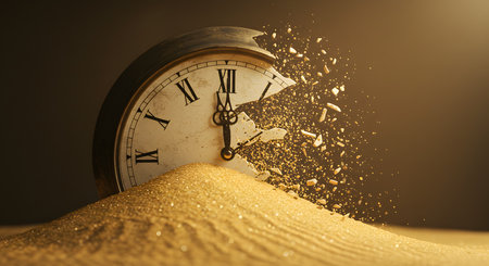 Time passing concept with vintage alarm clock in sand. 3D Renderingの素材