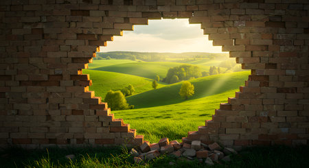 Heart shaped hole in a brick wall with green fields in the backgroundの素材