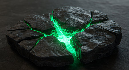 Green lightning on black stone. 3d rendering. Computer digital drawing.の素材
