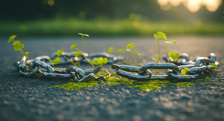 chain with sprout growing out of the ground. concept of environmental protectionの素材