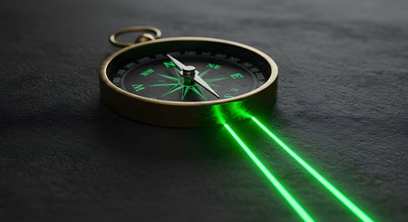 Green glowing compass on black background. 3d render illustration with selective focusの素材