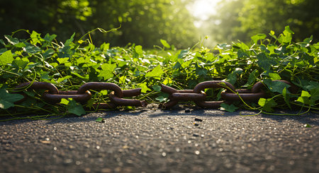 Rusty chain on the asphalt in the forest. Selective focus.の素材