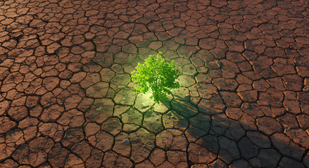 Green tree growing on cracked earth background. Concept of global warming.の素材