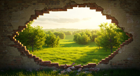 Conceptual image of green field through hole in old brick wallの素材