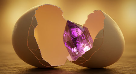 Broken eggshell with purple amethyst gemstone, 3D illustrationの素材