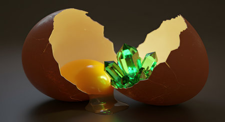 Broken egg with green gemstone inside. 3D illustration.の素材