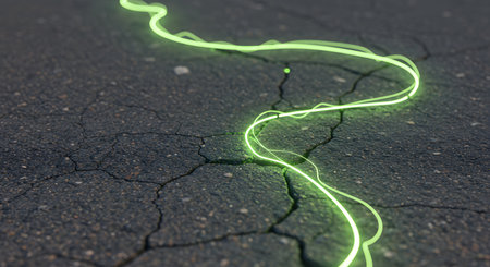 Green neon light line on cracked asphalt background. 3D Renderingの素材