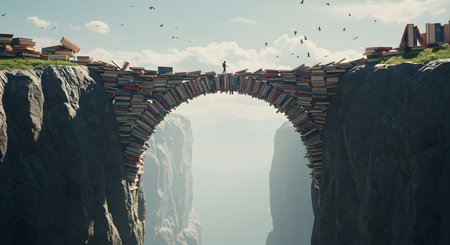 Conceptual image of a man standing on the edge of a cliff and surrounded by books.の素材