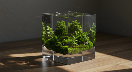 Glass florarium with green plants on a wooden floor. 3d renderingの素材