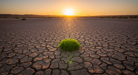 Grass growing on cracked earth at sunset. Global warming concept.の素材