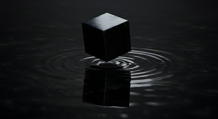 Black cube in water on a black background. 3d rendering.の素材