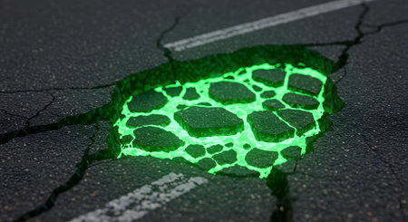 Cracked asphalt road with green neon light. 3D illustration.の素材