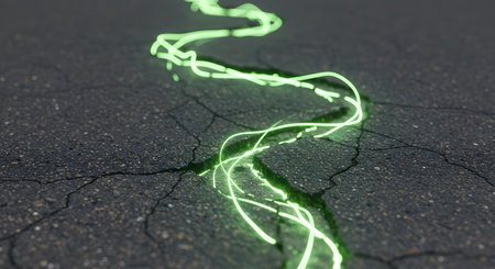 Green fluorescent light trail on asphalt background. 3D Rendering.の素材