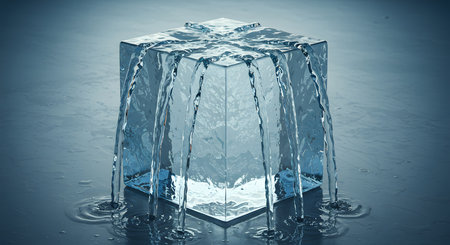 3d illustration of a cube with water splashes and ice cubesの素材
