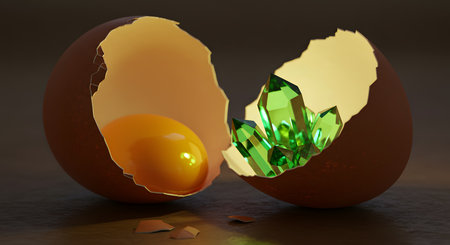 Broken egg with green gemstone inside. 3D illustration.の素材