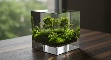 Glass florarium with green plants on wooden table. 3d renderの素材