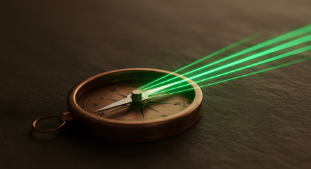 Conceptual image of a compass with green laser rays coming out of itの素材