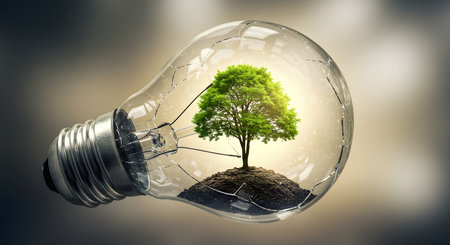 Green tree growing inside a light bulb on blurred background. 3D renderingの素材