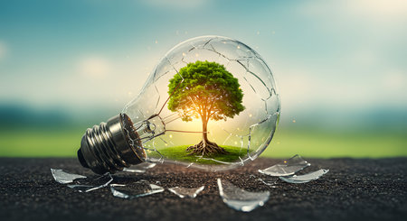 Conceptual image with tree growing inside of light bulb on asphalt roadの素材