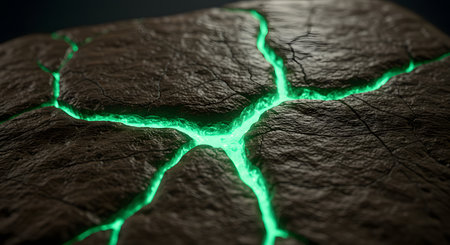 3d rendering of cracked earth surface with green lightning on black backgroundの素材